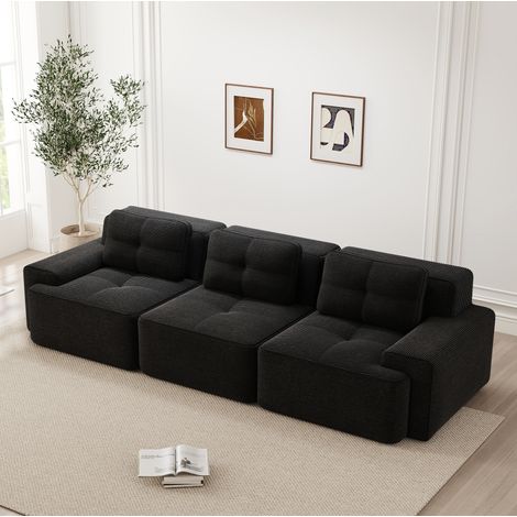 REDOM - Divano modulare, seduta profonda 74 cm, senza montaggio, base antiscivolo, ampi braccioli, velluto a coste nero (1/5)