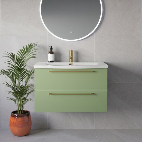 Napoli 390 Olive Green 800mm Wall Mounted 2 Drawer Vanity Unit with Arc Basin - 800mm - Brushed Brass 480mm Handle