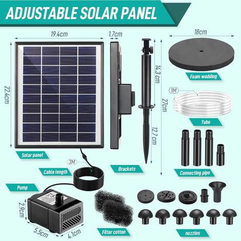 6,5 W Fontaine Solaire, Pompe à Eau Solaire, mit 1 m langem Wasserstrahl, 3,25 m langem Kabel, für Poissons-Bässe, Petits Bassins (1/5)