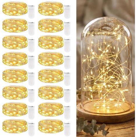 Lot de 16 mini guirlandes lumineuses LED avec piles, 2 m, 20 LED, fil de cuivre, guirlande lumineuse à piles, micro guirlande lumineuse étanche, pour Noël, fête, décoration intérieure, blanc chaud