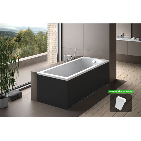 Otitec – Baignoire rectangulaire acrylique blanche 180 x 80 cm – Tablier noir inclus – Repose-tête ergonomique pour confort optimal (1/4)