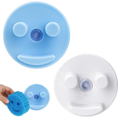 Lot de 2 porte-éponges pour évier de cuisine avec ventouse pour éponges rondes (éponges non incluses) (2, blanc et bleu) (1/5)