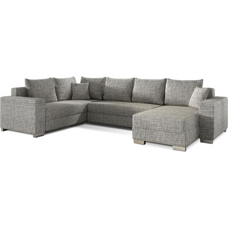 Canapé U convertible tissu gris chiné coffre de rangement à droite Marry 321cm (1/5)