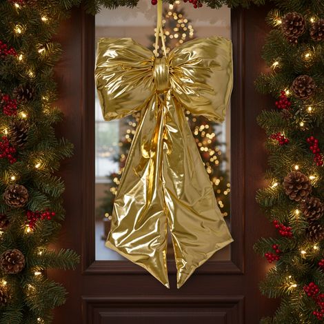Fiocco gigante per decorazioni natalizie in poliestere dorato da h 85 cm (1/4)