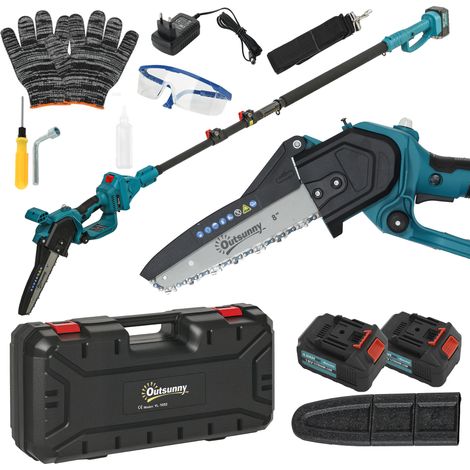 Motosierra 2 en 1 a batería con mástil telescópico, motor sin escobillas, 2 baterías y bloqueo de seguridad, color azul. (1/5)