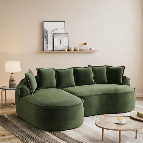Canapé d'angle en tissu chenille vert modulable avec chaiselongue (1/5)