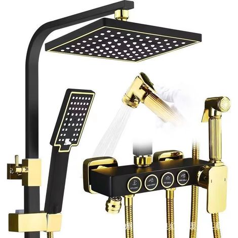 Ensemble de robinetterie de douche, système de douche à effet de pluie monté au plafond, pomme de douche avec support de rangement, pomme de douche de tête, douchette à main