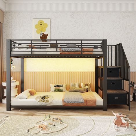 Lit superposé 90 x 200 cm pour adulte avec escalier montable à gauche ou à droite, rangement, LED et prise, MDF et métal, Noir (1/5)