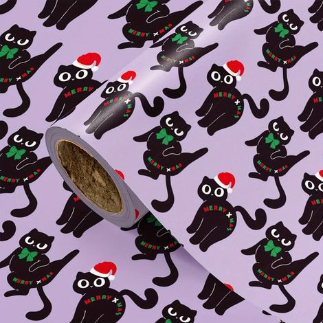 Papier cadeau de Noël à motif chat (violet 43 x 500 cm) - Fournitures d'emballage cadeau de Noël (1/2)