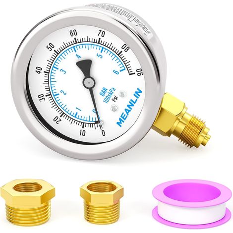 06BAR/090PSI Stainless Steel Dry Pressure Gauge 1/8" BSP 2" DIAL FACE Waterproof for Well Pump, Water Pressure, Bottom Mount, with Hex Socket 1/4" BSP and 3/8" BSP (1/5)