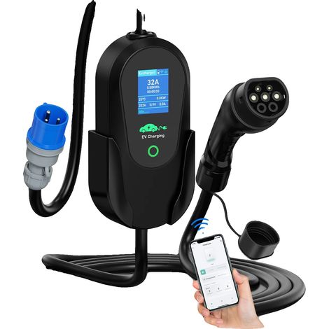 Cargador portátil para vehículos eléctricos, control mediante aplicación inteligente, capacidad de carga rápida, color azul. (1/2)
