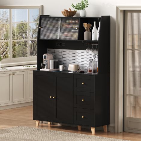 Armoire haute avec prises électriques et panneau perforé  Meuble bar avec porte-verres à vin et rangements  Buffet de cuisine avec tiroirs — Le choix idéal pour la cuisine et la salle à manger (Noir)