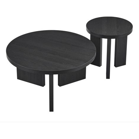 Lot de 2 tables basses rondes rainurées noires en MDF, design minimaliste gain de place pour salon, chambre ou bureau, élégance moderne - CHICFURN (1/5)