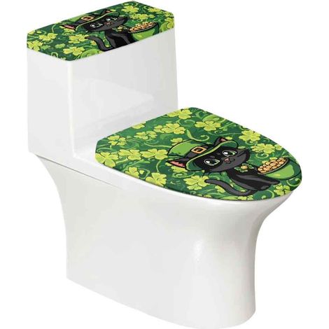 Couvre-Abattant De Toilette - Design Chat Porte-Bonheur Et Trèfle - Bord Élastique - Pour Siège De Toilette Moderne - 2 Pièces (1/5)