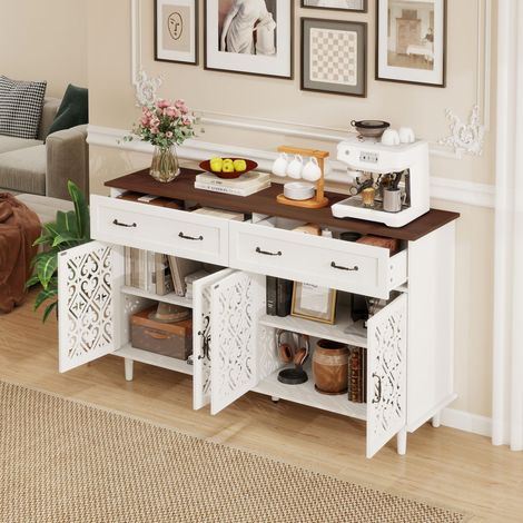 Buffet vintage 4 portes sculptées et 2 tiroirs,plateau bois massif,étagères réglables. Crédence décorative pour salon et salle à manger.