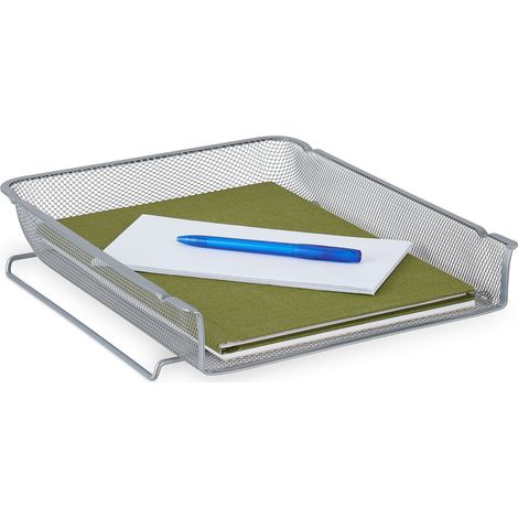 Relaxdays Vaschetta Portadocumenti, Look Rete, Portalettere per Ufficio, Acciaio, Impilabile, 6,5x28,5x34 cm, Argentato