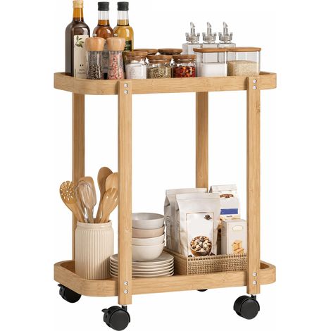 Chariot de cuisine en bambou à 2 niveaux, avec roulettes, 2 étagères, 54 x 36,5 x 60 cm, naturel (1/5)