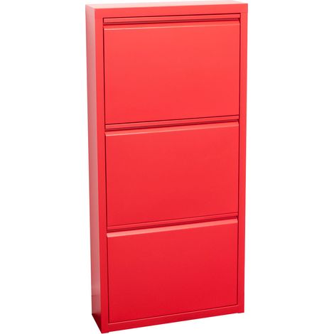 Pisa Schuhschrank mit 3 Klappen/Türen in Metall rot. Fertig montiert geliefert.
