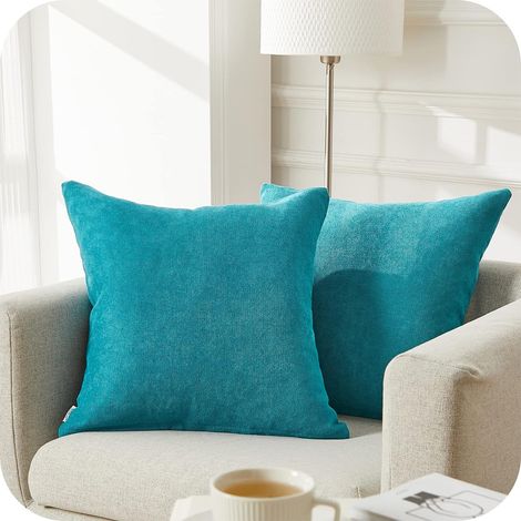 Lot de 2 Housse de Coussin 45x45cm Décoratif Canapé en Chenille Housses Coussin Decoration Chambre Carré Couleur Uni pour Chaise,Voiture,Bureau, Turquoise