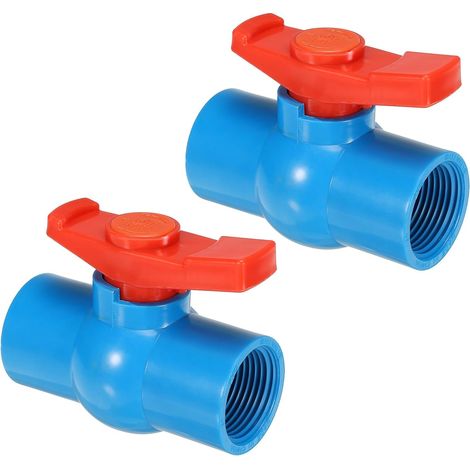 G1 Ball Valve Set of 2 Threaded PVC Stop Valve with Easy Turn Handle for Water Flow Control Blue/Red (1/5)