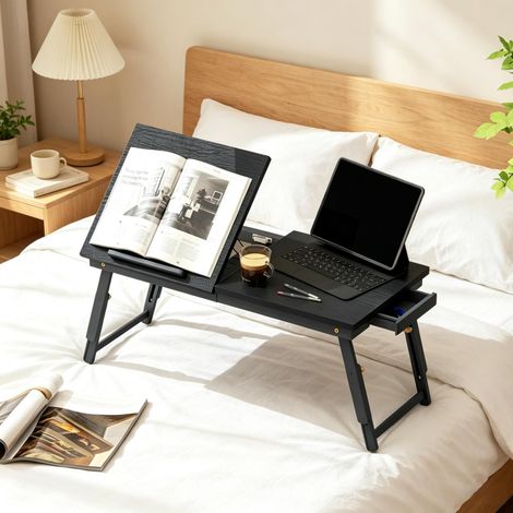 Table de lit pour ordinateur portable en bambus pliable et réglable, plateau inclinable pour travailler, lire ou regarder des vidéos au lit (1/5)