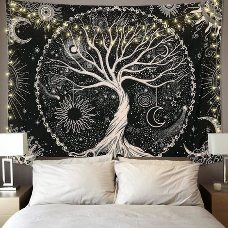 Tapisserie Murale Arbre De Vie Lune Soleil - Décoration Murale Psychédélique Mandala Étoilé - Pour Chambre Salon Intérieur - 1 Pièce (1/4)