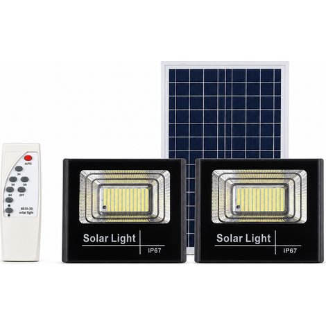 Lot de 2 Projecteurs Solaires LED 30 W Extérieur, 100 LED par Lampe, IP67, Télécommande, Capteur Crépusculaire et Minuterie (1/5)