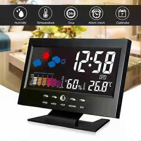 Horloge numérique, thermomètre, hygromètre, station météo, réveil, indicateur de température, écran LCD couleur, calendrier, commande vocale (1/5)