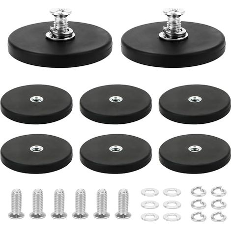 Lot de 8 aimants en néodyme antidérapants en néodyme caoutchoutés 43 mm avec vis M4, socle de montage 15 kg, force d'adhérence pour vis, œillet ou crochet