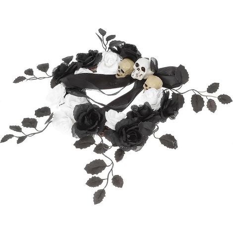 Künstlicher Halloween-Kranz, Halloween-Türkranz, Halloween-Totenkopfkranz, schwarzer Rosenkranz, gruseliger Skelettkopf, Halloween-Dekoration, schwarz, weiß, 1 Stück (1/5)