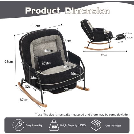 Fauteuil à bascule surdimensionné pour patio avec repose-pieds, poche latérale, coussin rembourré, dossier réglable, style ferme en bois, intérieur/extérieur, salon, chambre, balcon, fausse fourrure, (1/5)