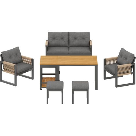 Set salotto da giardino con tavolo rimovibile, ferro e corde intrecciate, grigio naturale (1/5)