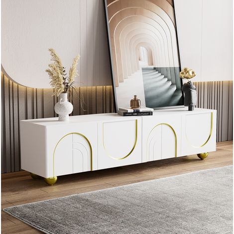 Meuble TV blanc et doré 170cm – 4 portes et 5 pieds en métal à boule – Motifs à lignes courbes – Charnières amorties – Design moderne et épuré (1/5)