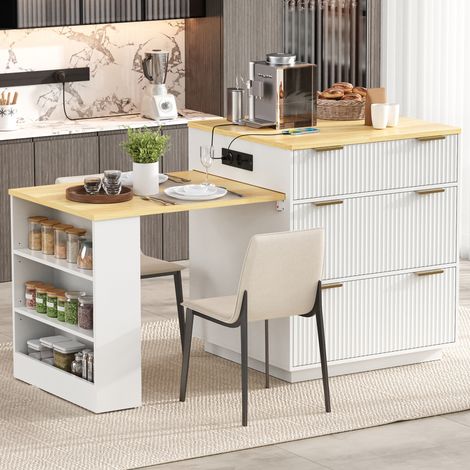Îlot de cuisine roulant extensible, LED intégrée, étagères réglables, prises, pour cuisine et salle à manger, blanc, plan de travail lumineux et modulable (1/5)