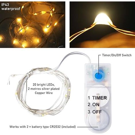 guirlandes lumineuses à LED avec minuteur, 2 m, LED, batterie en cuivre, étanche, guirlande lumineuse féerique, guirlande lumineuse en fil de cuivre pour fête, décoration de Noël (1/4)