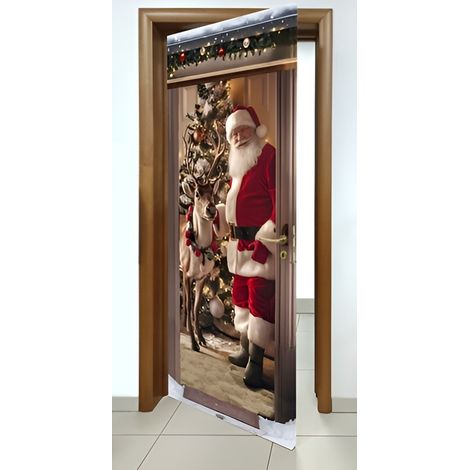 Copriporta Natalizio elastico 215x90 cm con Decorazioni Festive Babbo Natale Albero Gnomi Regali Tessuto copri porta Tematico per Esterni (1/4)