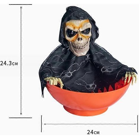 Plato de dulces animado con sensor activado por movimiento. Tazón de calavera de Halloween realista, ligero e impermeable con ojos rojos que se iluminan para Halloween.