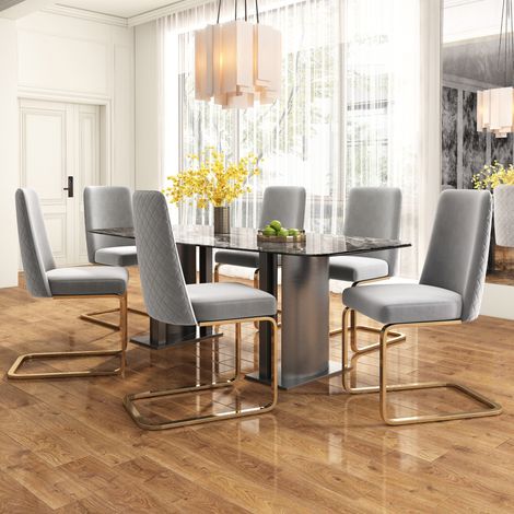 Silla de comedor de terciopelo gris, respaldo en rombos, lote de 6 HAVRYA (1/5)