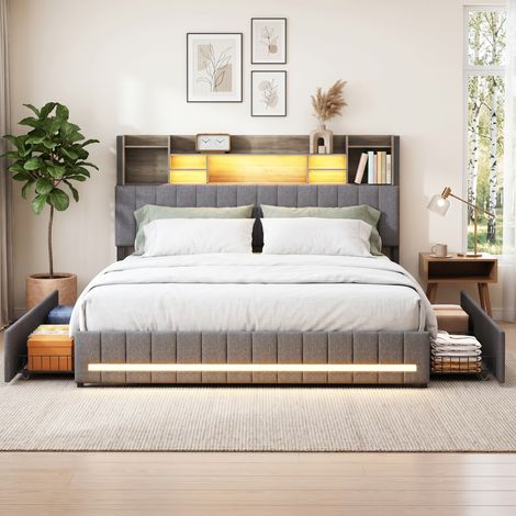 Superaly Lit Double Rembourré 140x190 cm avec 4 tiroirs, Tête de Lit avec Rangement pour Cloisons, éclairage LED, double Ports USB et Type-C, Sommier à Lattes, Style Moderne, Lin, Gris foncé (1/5)