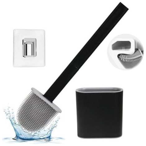 Brosse WC, Brosse Toilette Silicone avec Support pour Nettoyage en Profondeur, Au Sol ou Montage Mural, Noir (1/4)