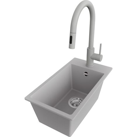 PRIMAGRAN Evier Cuisine en Granit 28x50cm,Lavabo 1 bac + Robinet 40x20cm + Kit de Vidage, Évier à Encastrer au meuble 30cm - Riga, Gris (1/5)