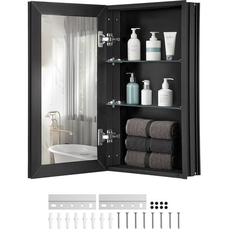 Armoire à pharmacie, 355 x 610 mm, placard de rangement de salle de bain pour médicaments, avec miroir, cadre en aluminium et étagères réglables à 2 couches, installation encastrée et murale (1/5)