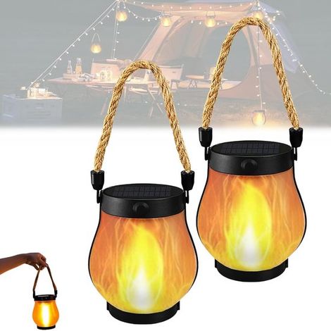 Lot de 2 lanternes solaires extérieures à effet flamme dansante, batterie 1500 mAh, étanchéité IP65, éclairage de jardin suspendu avec corde de chanvre, noir (1/5)