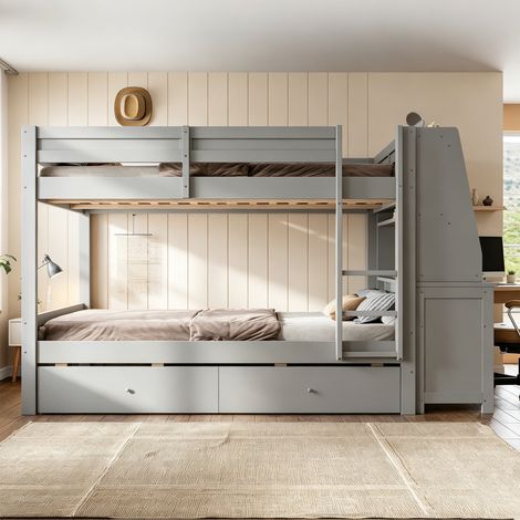 Lit superposé enfant 140x200 cm avec bureau, armoire latérale réversible, étagères, 2 tiroirs, garde-corps, sommiers à lattes, gris (1/5)