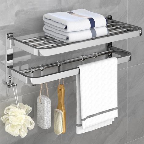 1 Porte-Serviettes Mural Pliable Inox 2 Niveaux 9 Crochets Pour Salle De Bains Cuisine