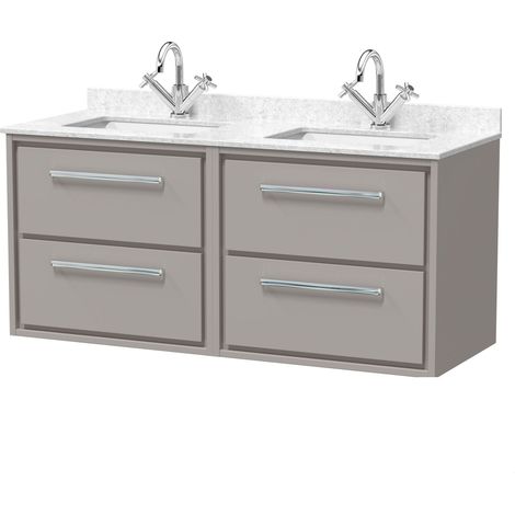 Balterley Longnor 1200mm Wall Hung 4 Drawer Vanity Unit with Double Marble Basins - Pebble Grey