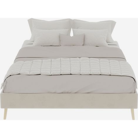 Cadre de lit minimaliste moderne, 140x200 cm, beige, tissu en velours hollandais, base basse, mobilier de chambre au style moderne. Sans mécanisme de relevage à gaz, tête de lit et matelas. (1/5)
