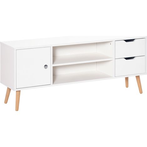 Meuble TV pour téléviseur 50 pouces, table de salon avec portes, 2 étagères ouvertes et 2 tiroirs, 120x28x44 cm, blanc.