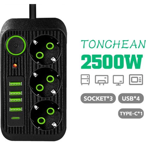 Tonchean – Wandsteckdosenleiste mit 3 Steckdosen und 4 USB-Anschlüssen – 1 USB-C-Anschluss – 2 m Kabel – 2500 W Leistung – Kindersicherung – Für Büro und Zuhause
