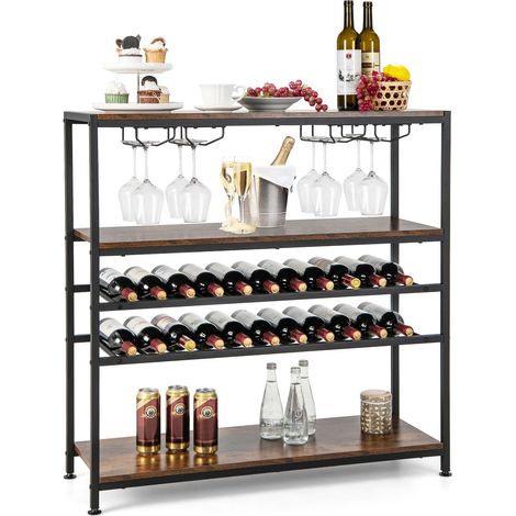 GOPLUS étagère à Vin Horizontal avec 4 Rangées de Porte-Verres et 3 étagères de Rangement,5 Niveaux pour 22 Bouteilles de Vin (1/5)